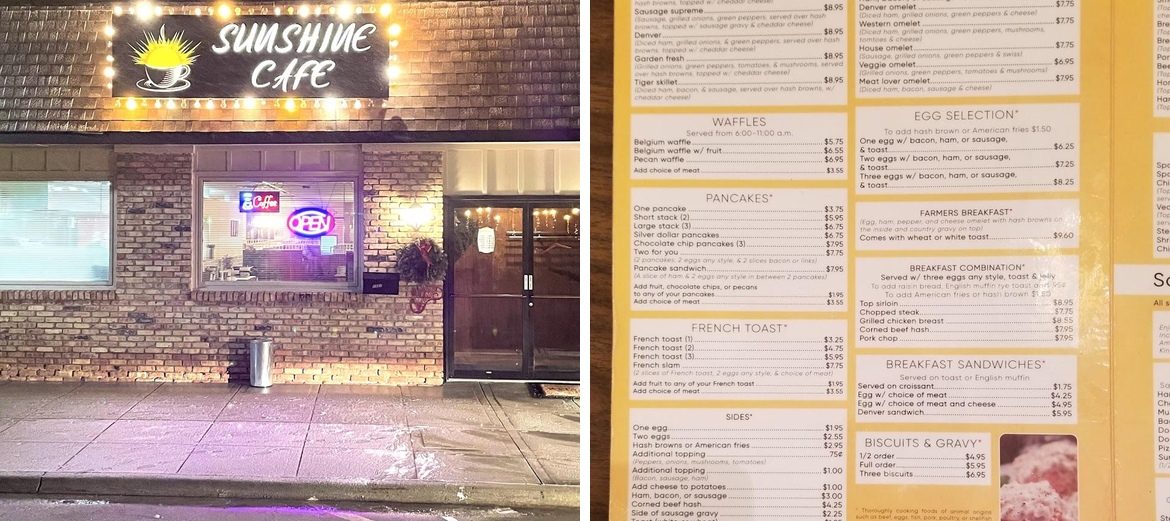 Sunshine Cafe Eldora, Iowa Menu
